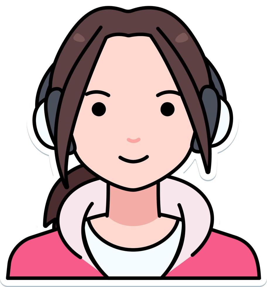 ung kvinna flicka avatar användare person människor hörlurar luvtröja översikt färgad klistermärke retro stil vektor