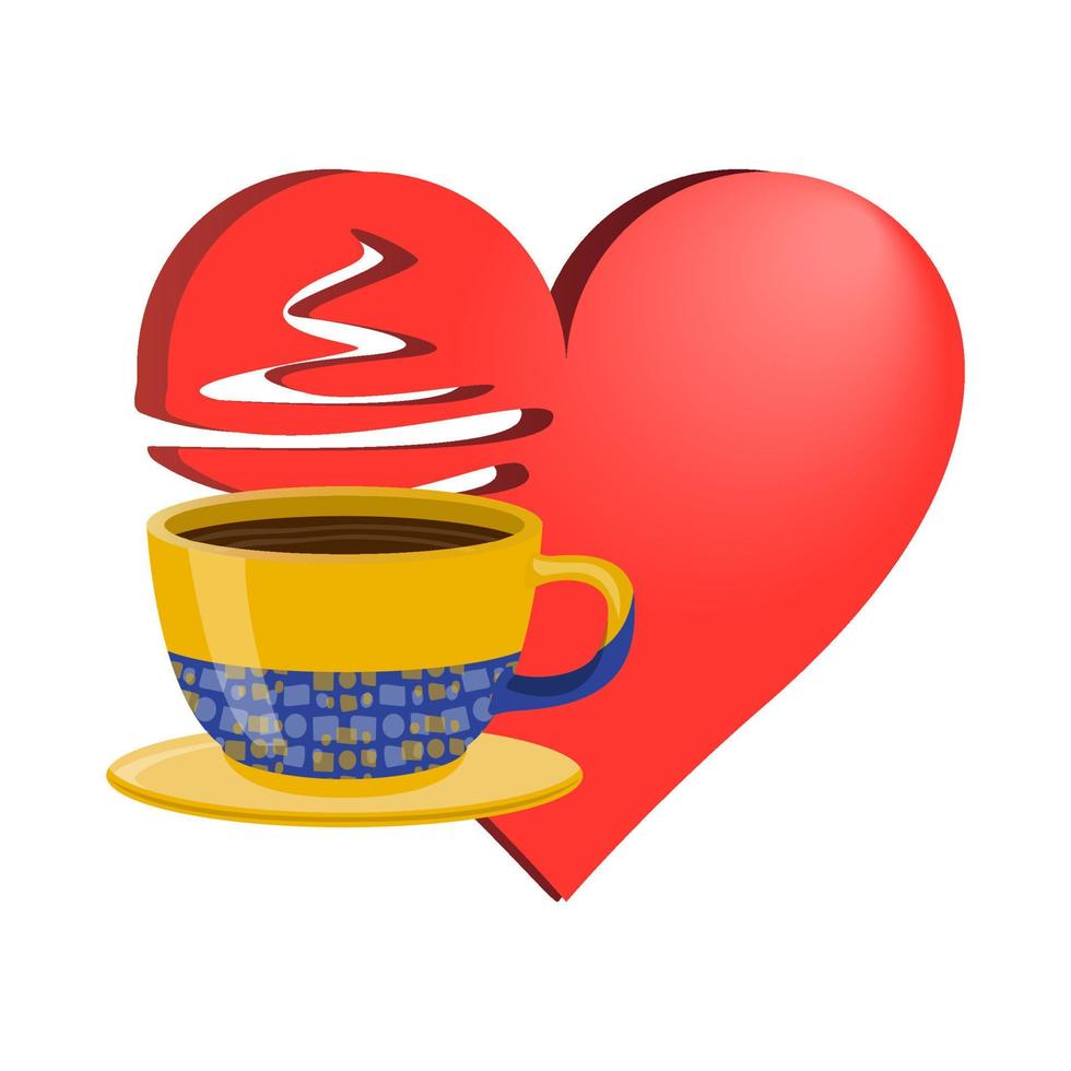 valentine dag hjärta och kopp logotyp i realistisk stil. enkel volumetriska röd hjärta ikon. gul blå kopp av te kaffe. färgrik vektor illustration isolerat på vit bakgrund.