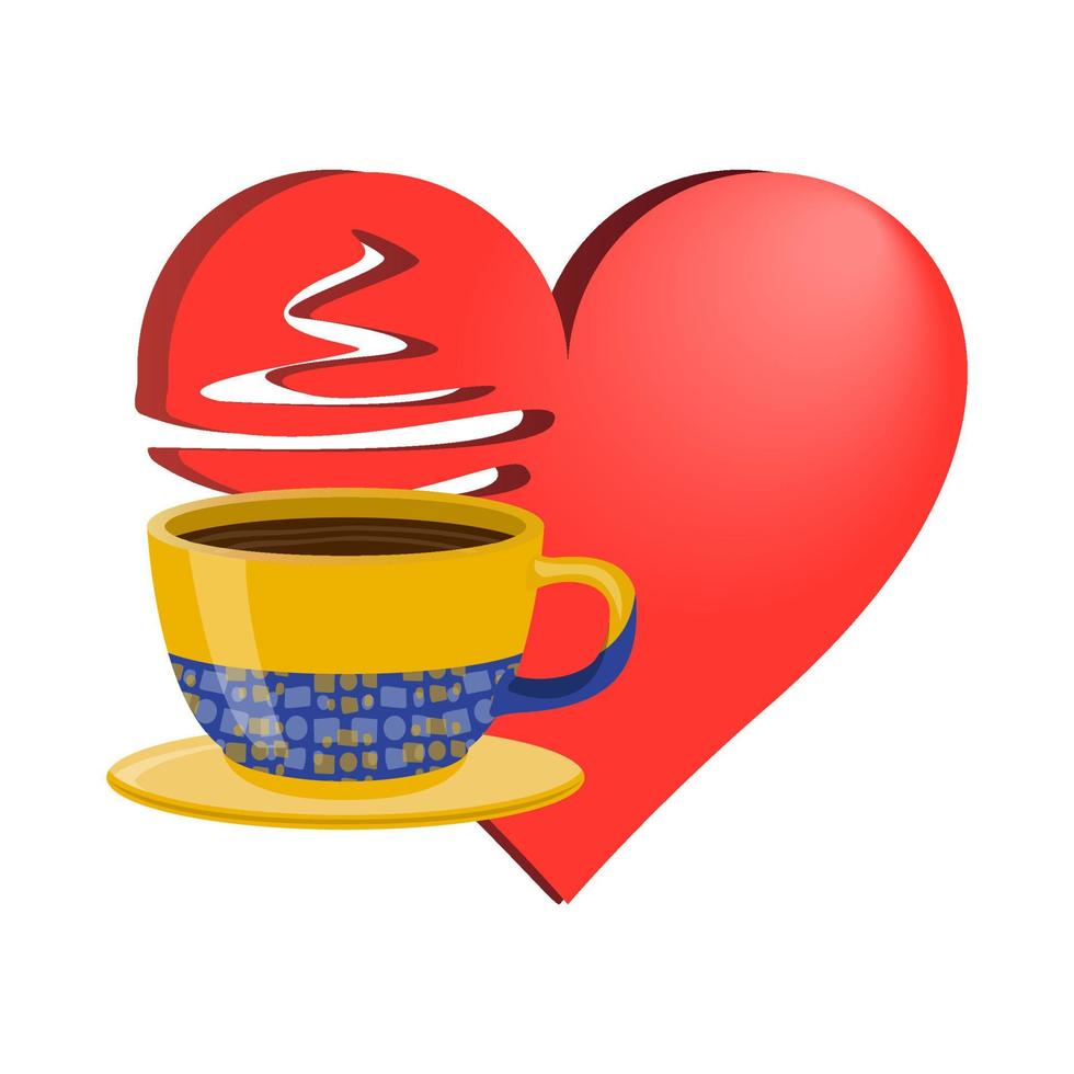 valentinstag herz und cup logo im realistischen stil. einfaches volumetrisches rotes Herzsymbol. gelb blau tasse tee kaffee. bunte Vektorillustration lokalisiert auf weißem Hintergrund. vektor