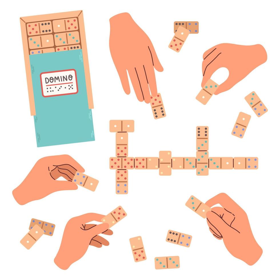 domino spel på tabell. människor spelar domino. trä- chip av domino på styrelse för spelande. serie av trä- chip. vektor