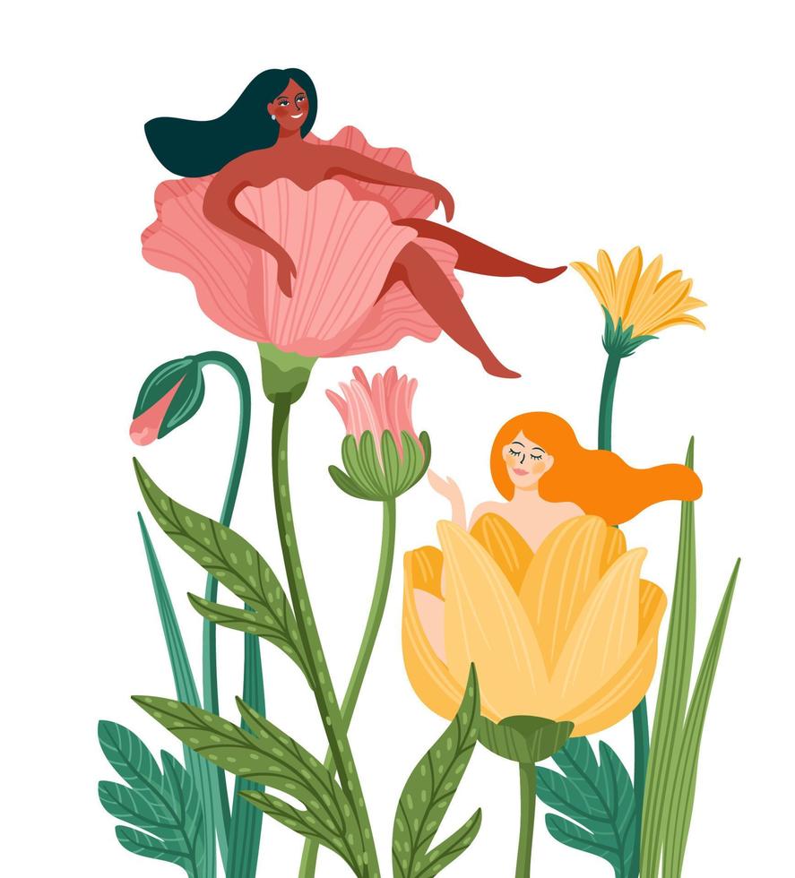 vektorisolierte illustration von niedlichen frauen in blumen. internationales frauentagskonzept für karten, poster, flyer und andere zwecke vektor