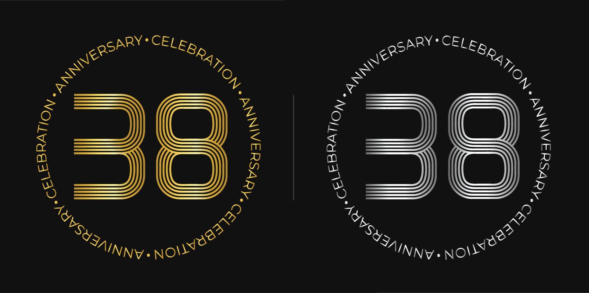 38. Geburtstag. achtunddreißigjähriges Jubiläumsbanner in goldenen und silbernen Farben. kreisförmiges Logo mit originellem Zahlendesign in eleganten Linien. vektor