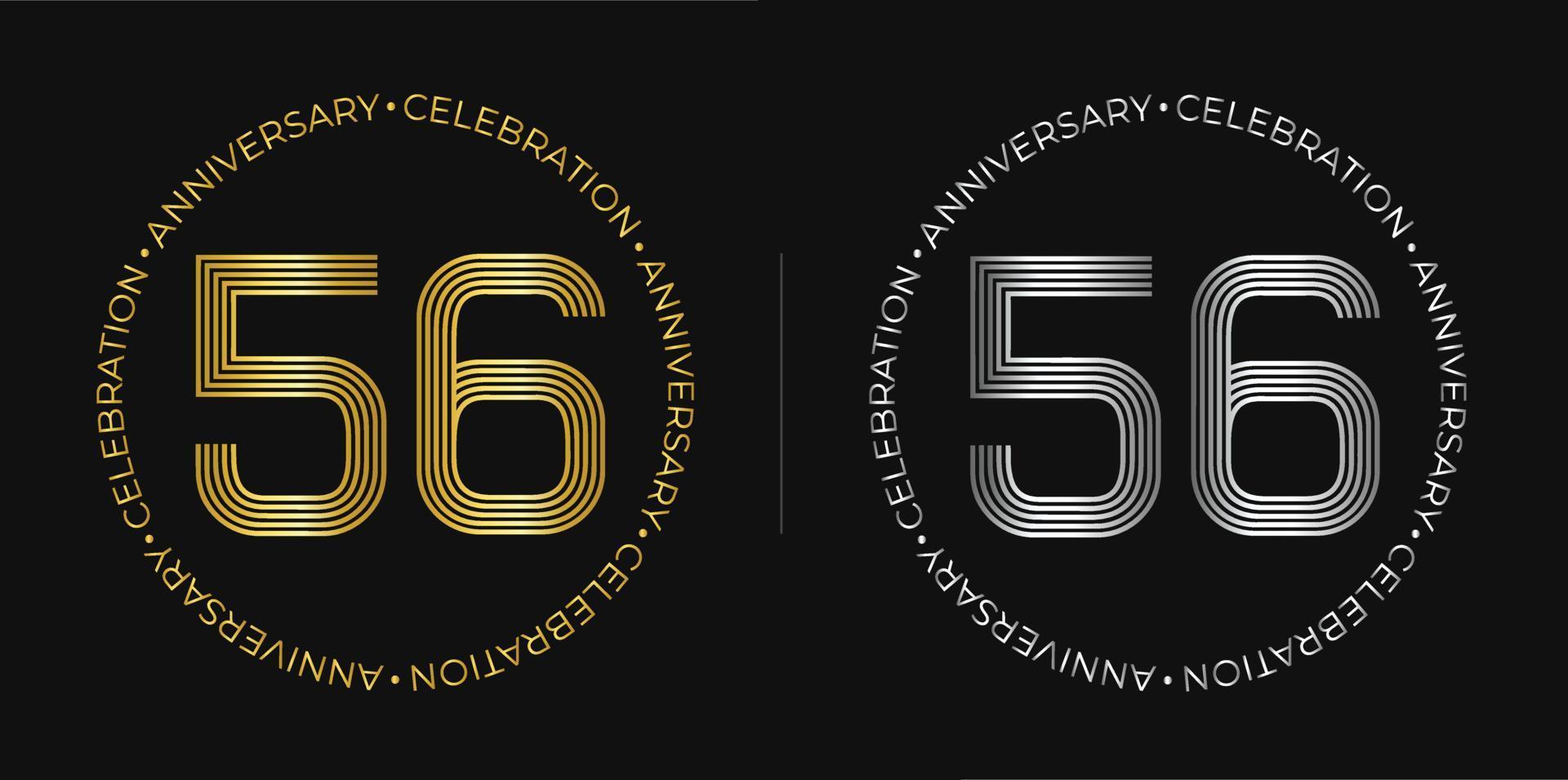 56: e födelsedag. femtiosex år årsdag firande baner i gyllene och silver- färger. cirkulär logotyp med original- tal design i elegant rader. vektor