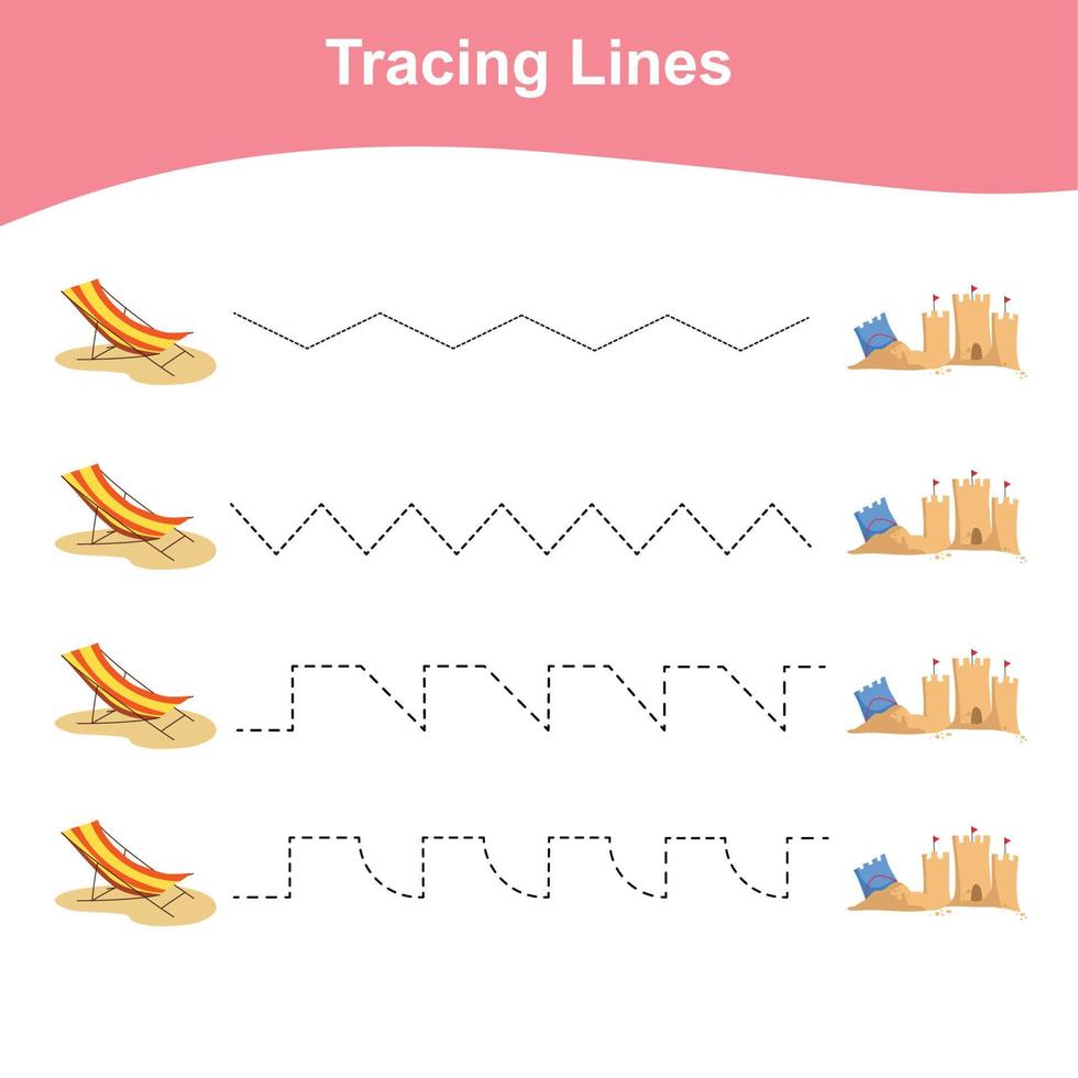 Arbeitsblatt Linien verfolgen. Lernspiel für Kinder. Arbeitsblatt für den Kindergarten. Zeichenpraxis mit Sommerthema. Vektordatei. vektor
