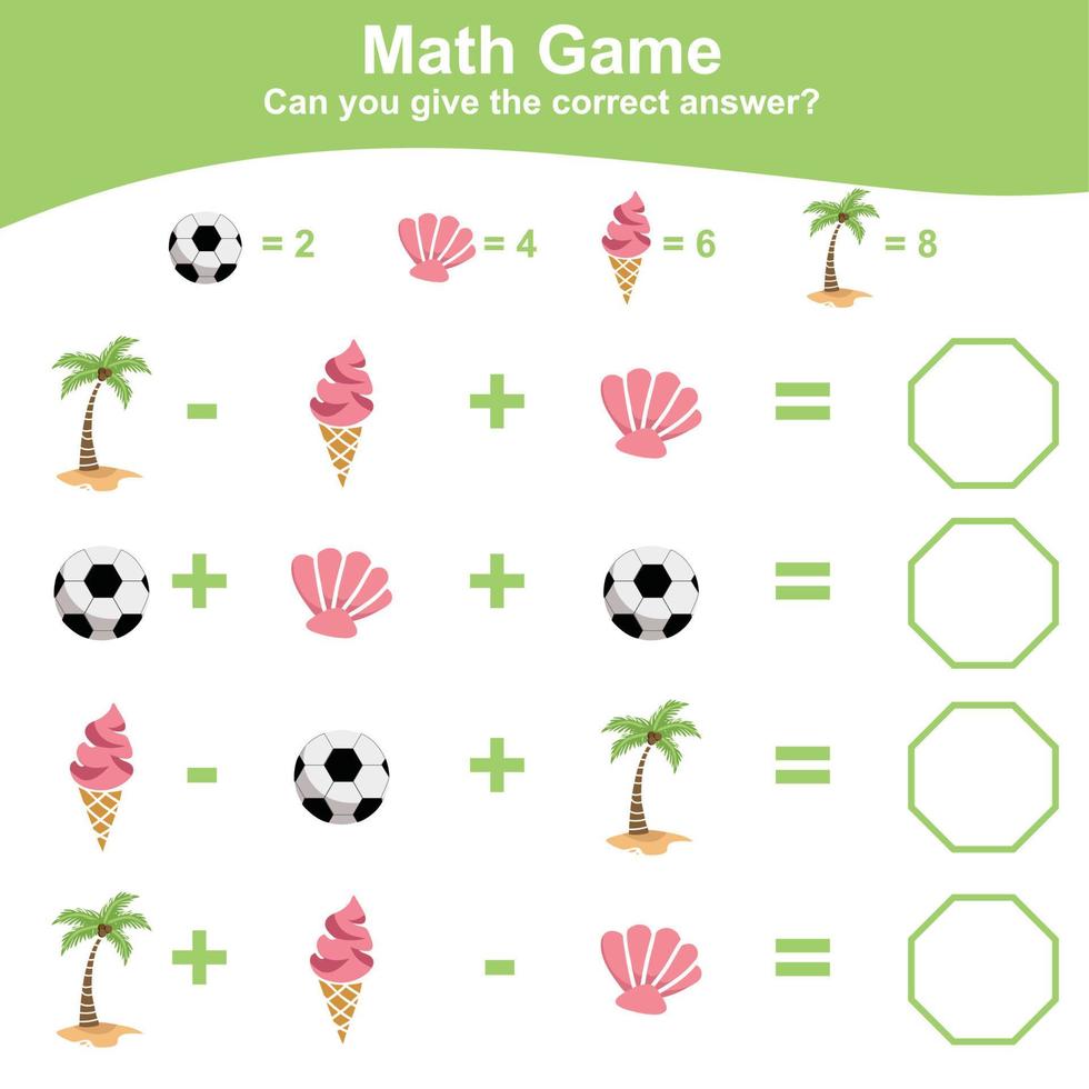 Zählen von Sommerartikeln für die Vorschule. Mathearbeitsblatt zum ausdrucken. Mathe-Spiel für die Vorschule. Vektordatei. vektor