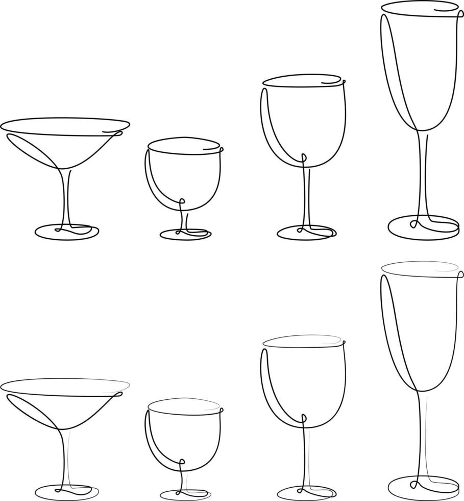 uppsättning av gods i ett linje, tallrikar, uppsättning av glasögon i ett linje, glas av champagne i ett linje, glas för martini, vin i ett linje, uppsättning av hand dragen drycker vektor