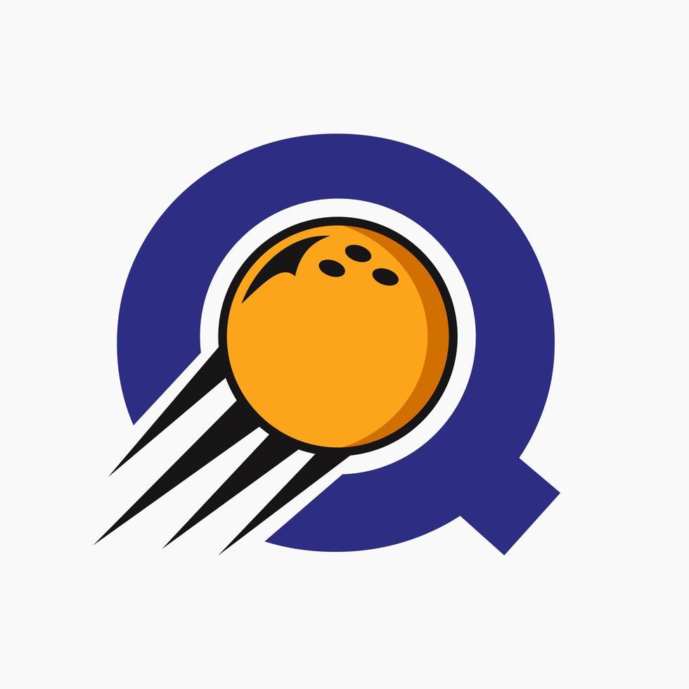 Anfangsbuchstabe q Bowling-Logo-Konzept mit beweglichem Bowlingkugel-Symbol. Bowling-Sport-Logo-Symbol-Vektor-Vorlage vektor