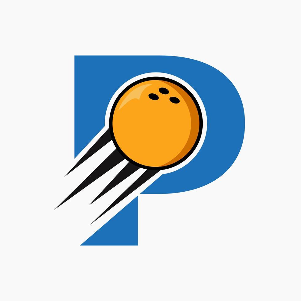 Anfangsbuchstabe p Bowling-Logo-Konzept mit beweglichem Bowlingkugel-Symbol. Bowling-Sport-Logo-Symbol-Vektor-Vorlage vektor