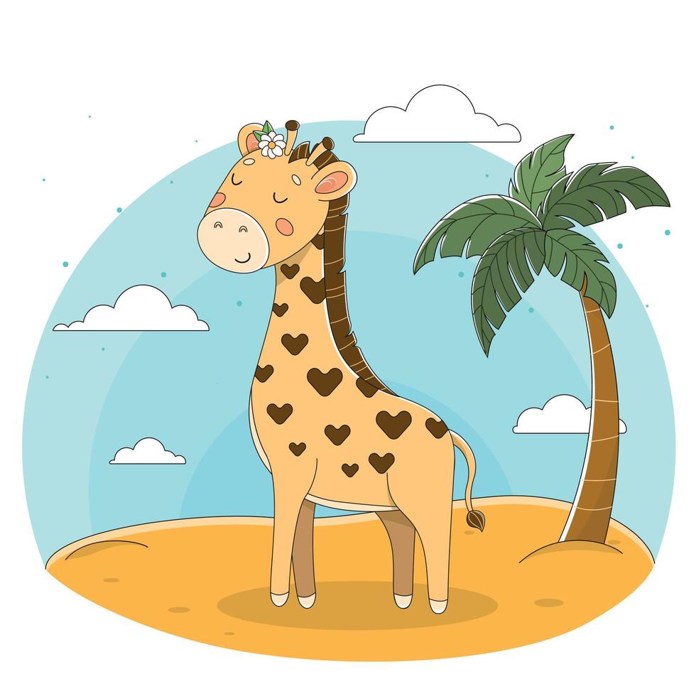 giraffe und palme, niedliche giraffe stehend, niedliche vektorillustration mit giraffe für babykleidung und einladungen, tropisches karikaturtier vektor