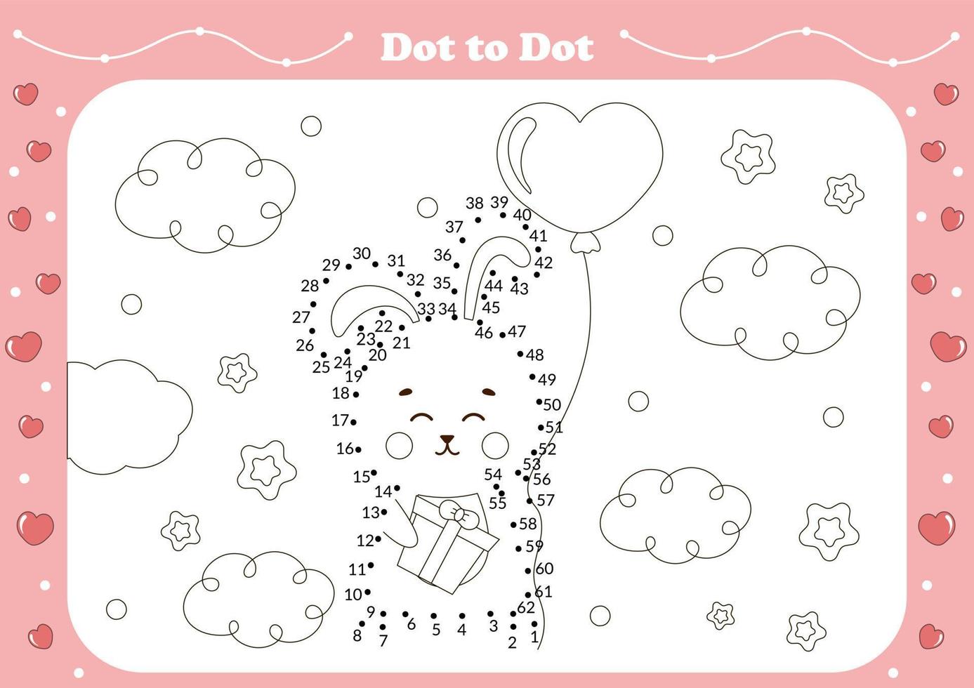 süßes punkt-zu-punkt-spiel für kinder mit valentinstag theamed charakter - hase mit herzförmigem ballon vektor