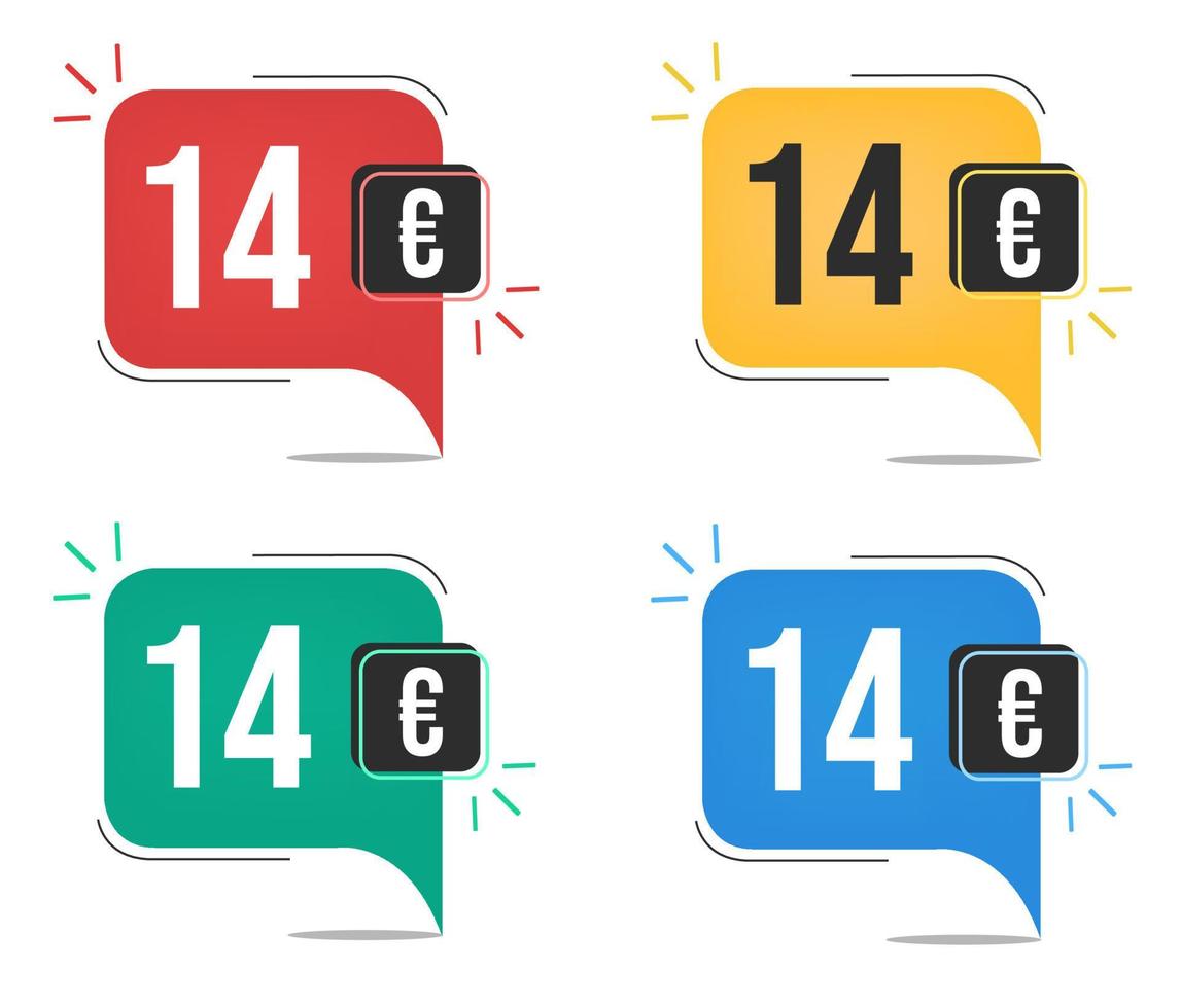 14 euro pris. gul, röd, blå och grön valuta taggar med ballong begrepp. vektor