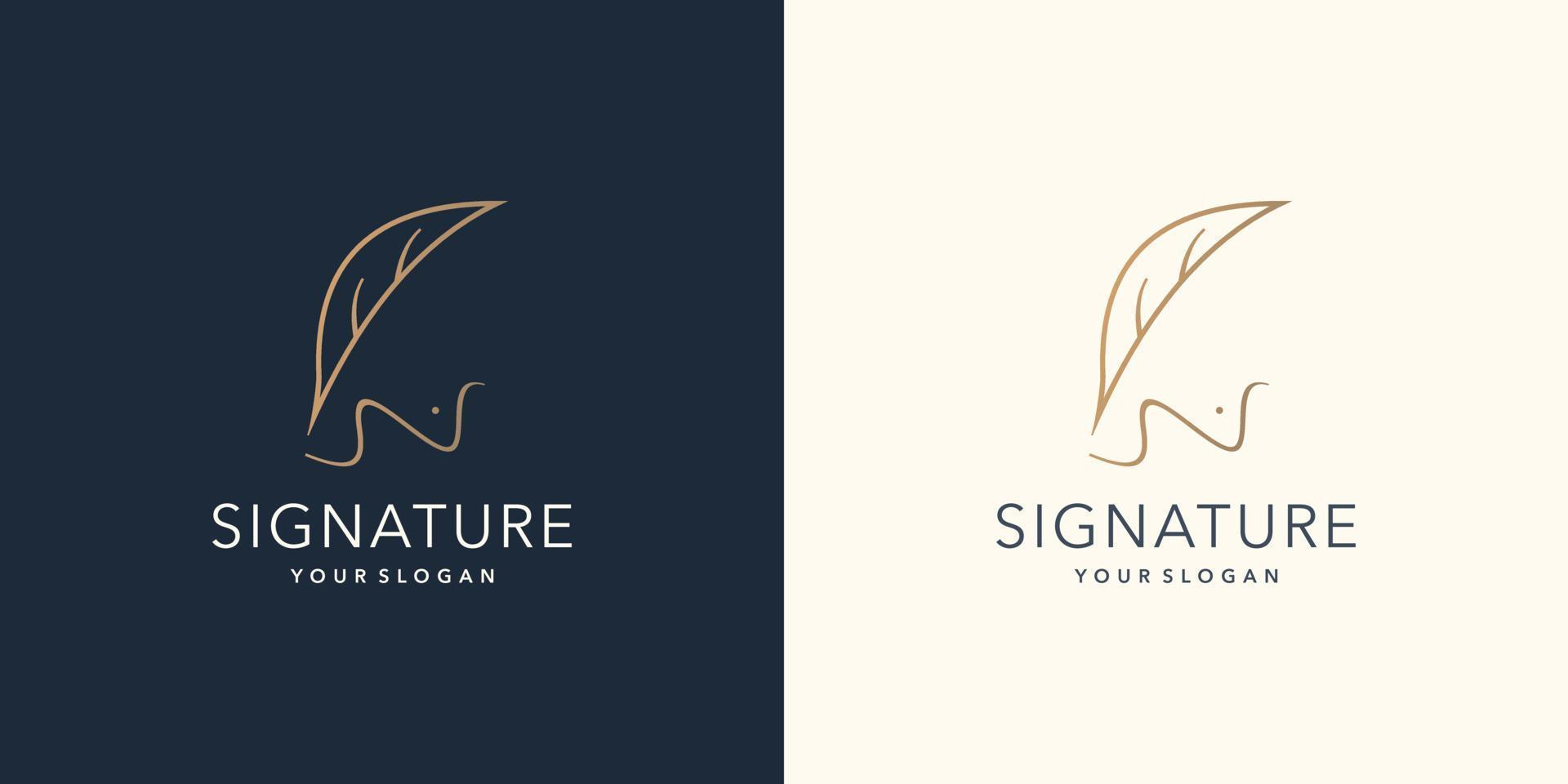 minimalistisches federfeder-signatur-logo-design. handschrift konzept logo und design goldene farbe vektor