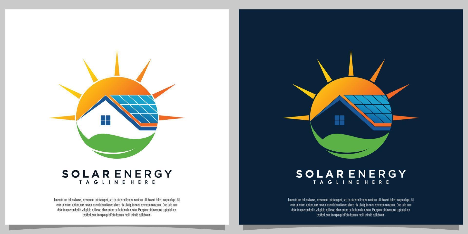 Sonne Solarenergie-Logo-Design mit Solarpanel-Technologie und Zuhause vektor