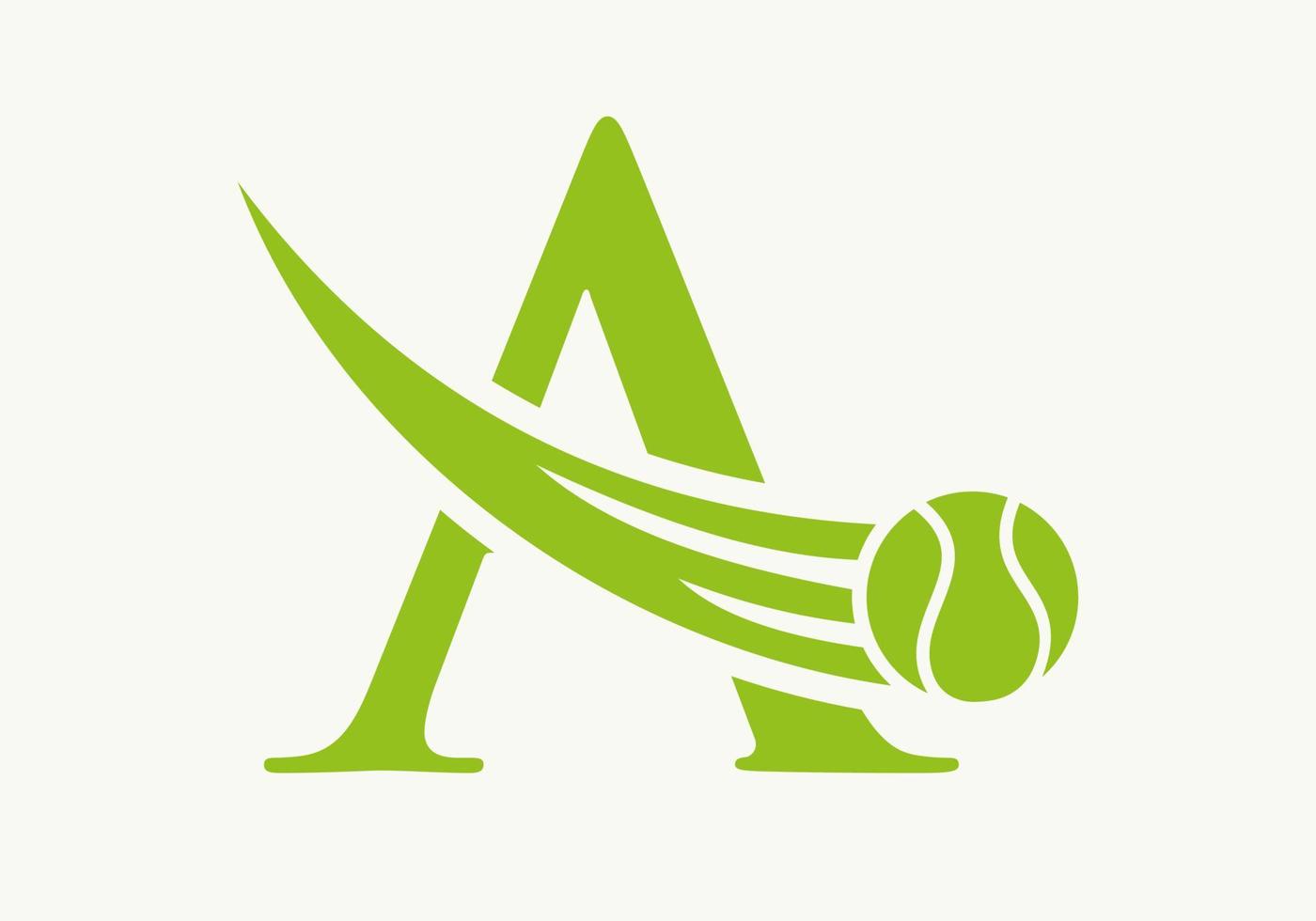 Schreiben Sie ein Tennis-Logo-Konzept mit beweglichem Tennisball-Symbol. Tennis-Sport-Logo-Symbol-Vektor-Vorlage vektor