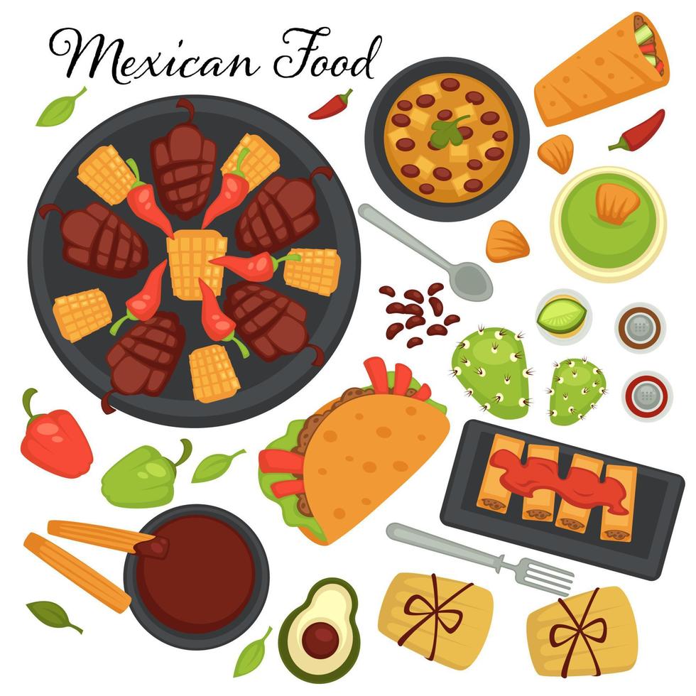 samling av traditionell mexikansk kök recept och måltider. desserter och aptitretare, taco med kryddad Ingredienser, grönsaker och kött på tallrik. vektor