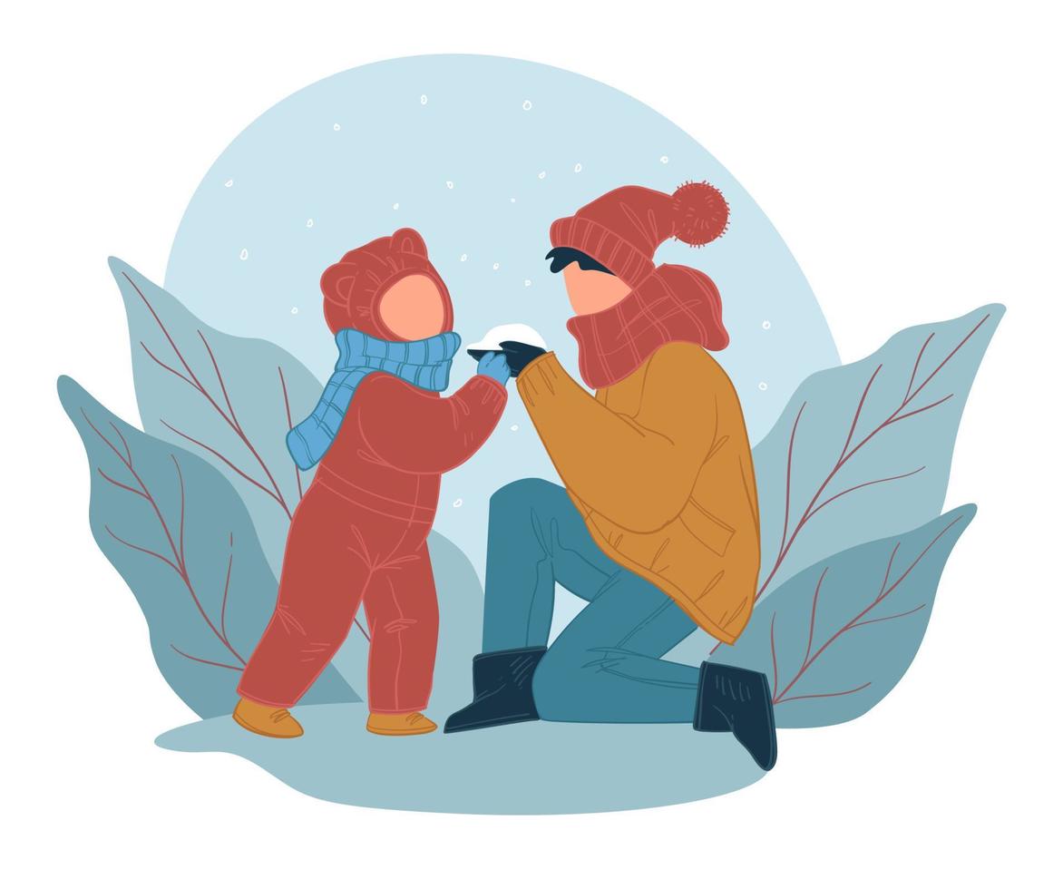 Mutter und Kind machen Schneeball im Freien Wintervektor vektor