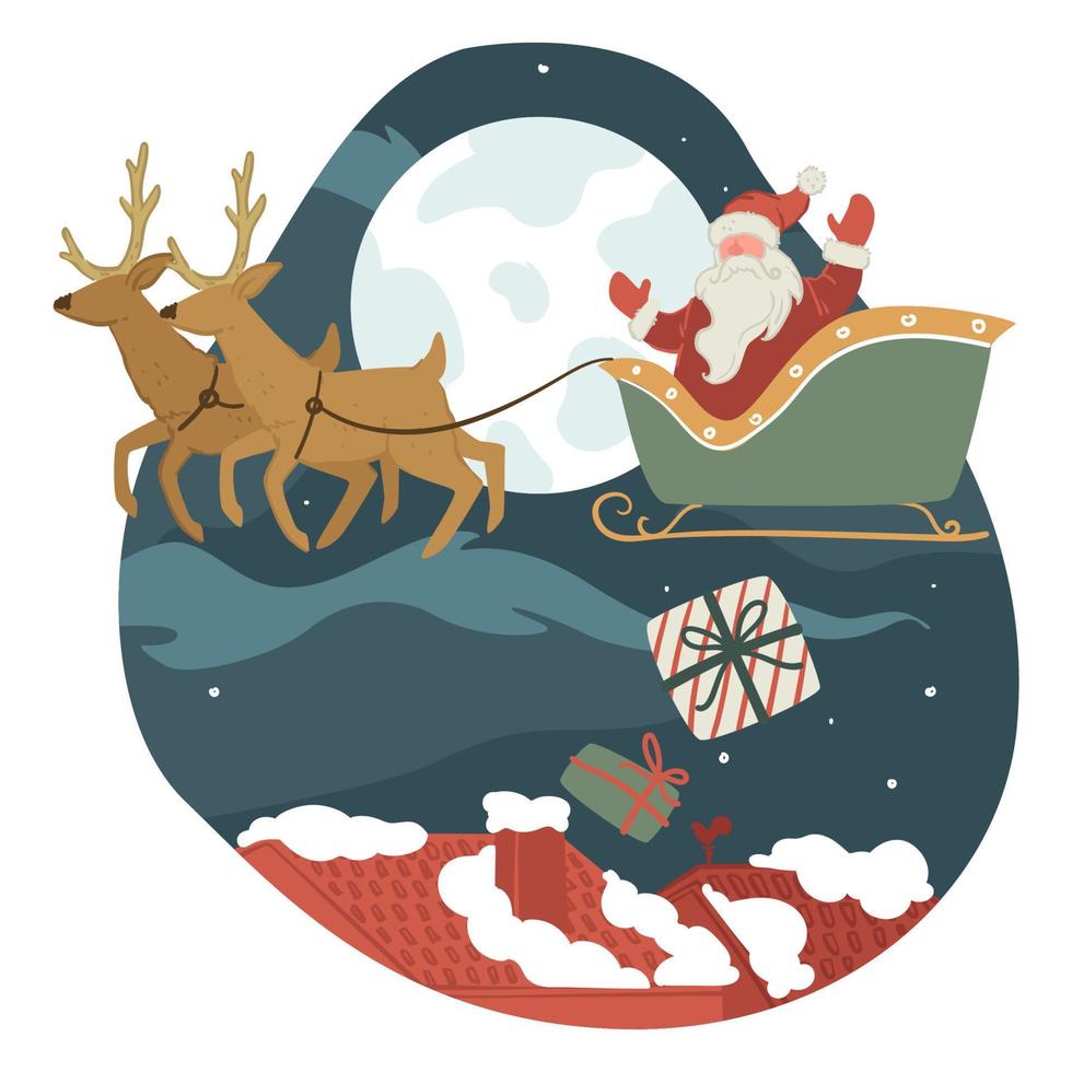 weihnachtsmann liefert geschenke für bürger, nachtstadtbild vektor