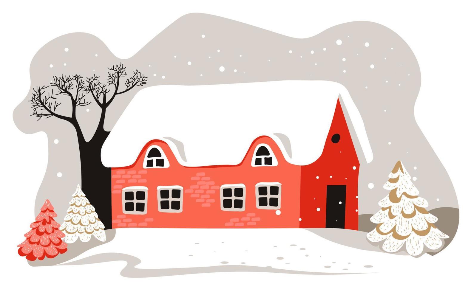hus med taket täckt med snö, vinter- landskap vektor