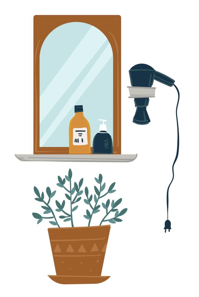 badrum interiör, spegel och hår torktumlare med växt vektor