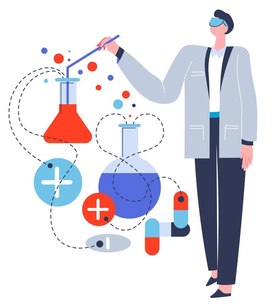 kemist i laboratorium framställning experiment med ämnen och vätskor vektor