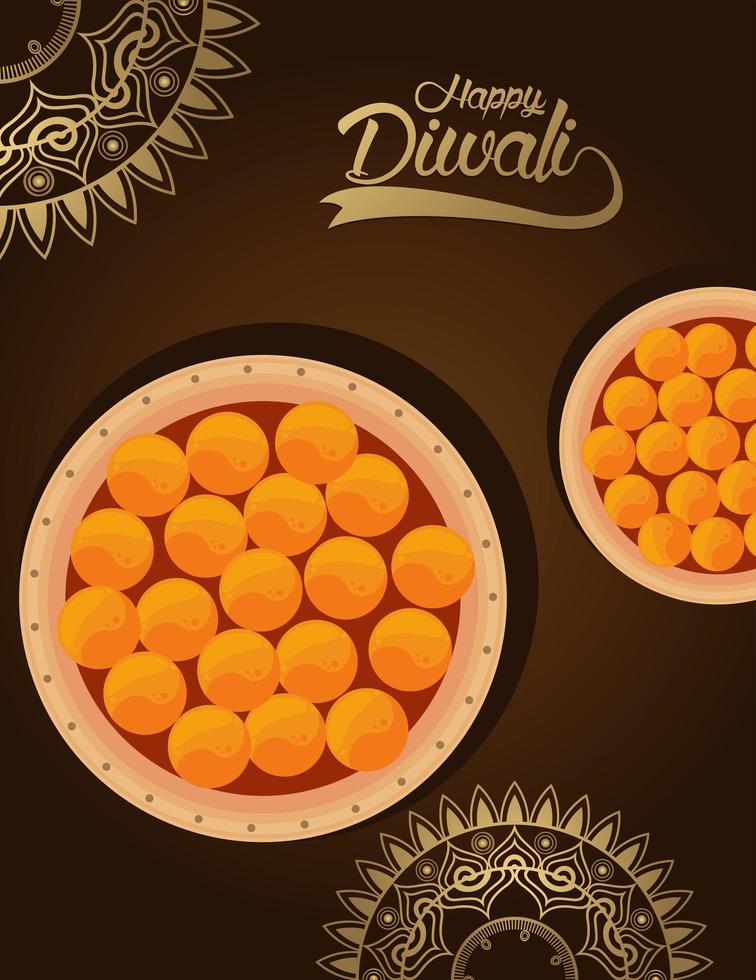 lycklig diwali firande med mat och mandalaer i brun bakgrund vektor