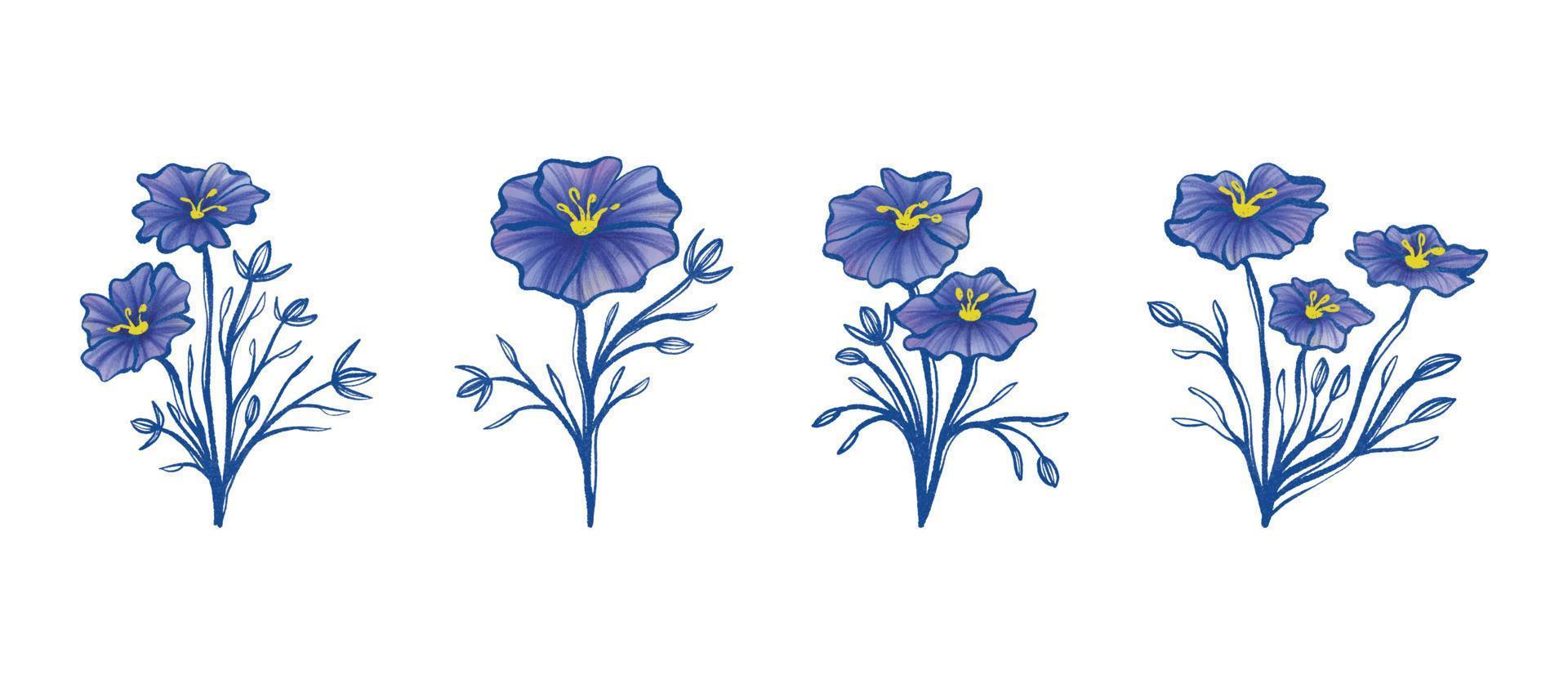 uppsättning av hand dragen blå lin blommor vattenfärg klämma konst vektor grafik 02