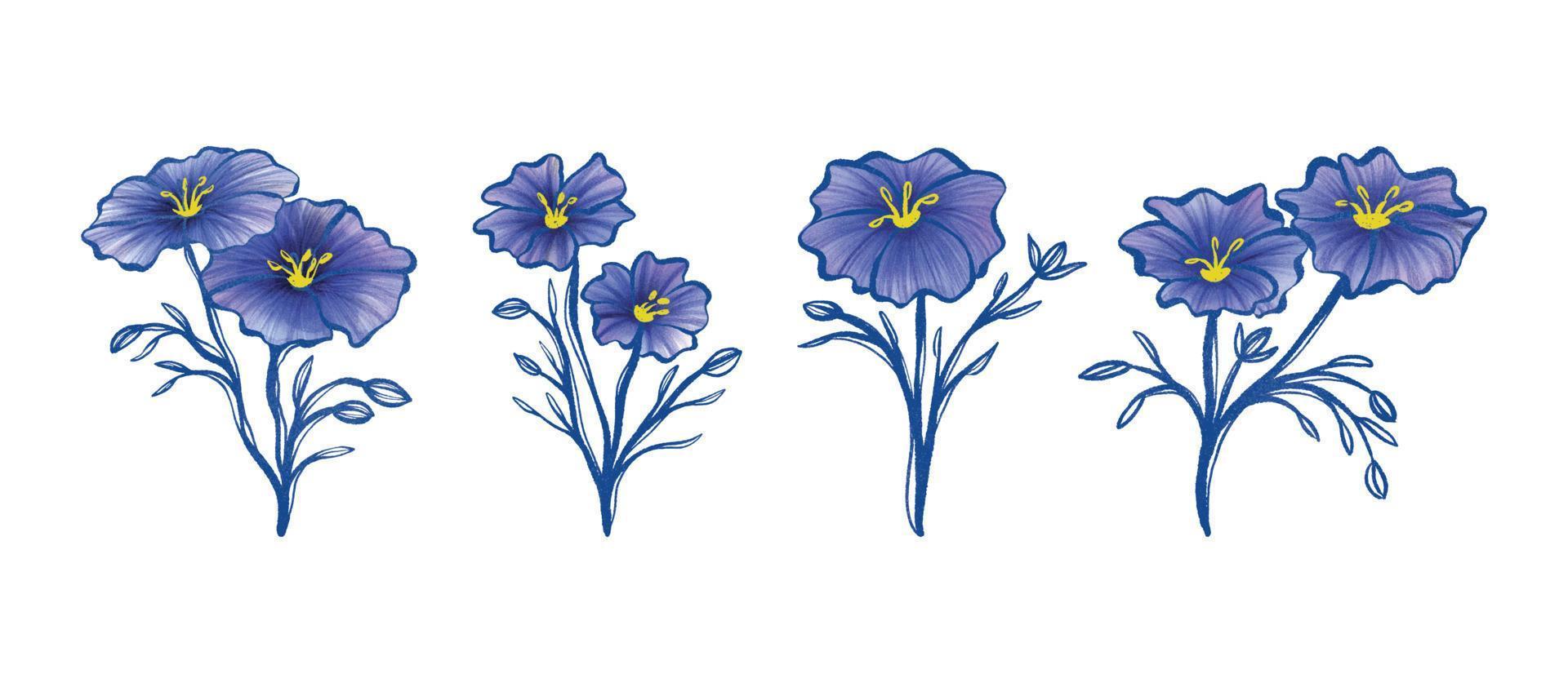 satz von handgezeichneten blauen flachsblumen aquarell-clipart-vektorgrafiken 01 vektor