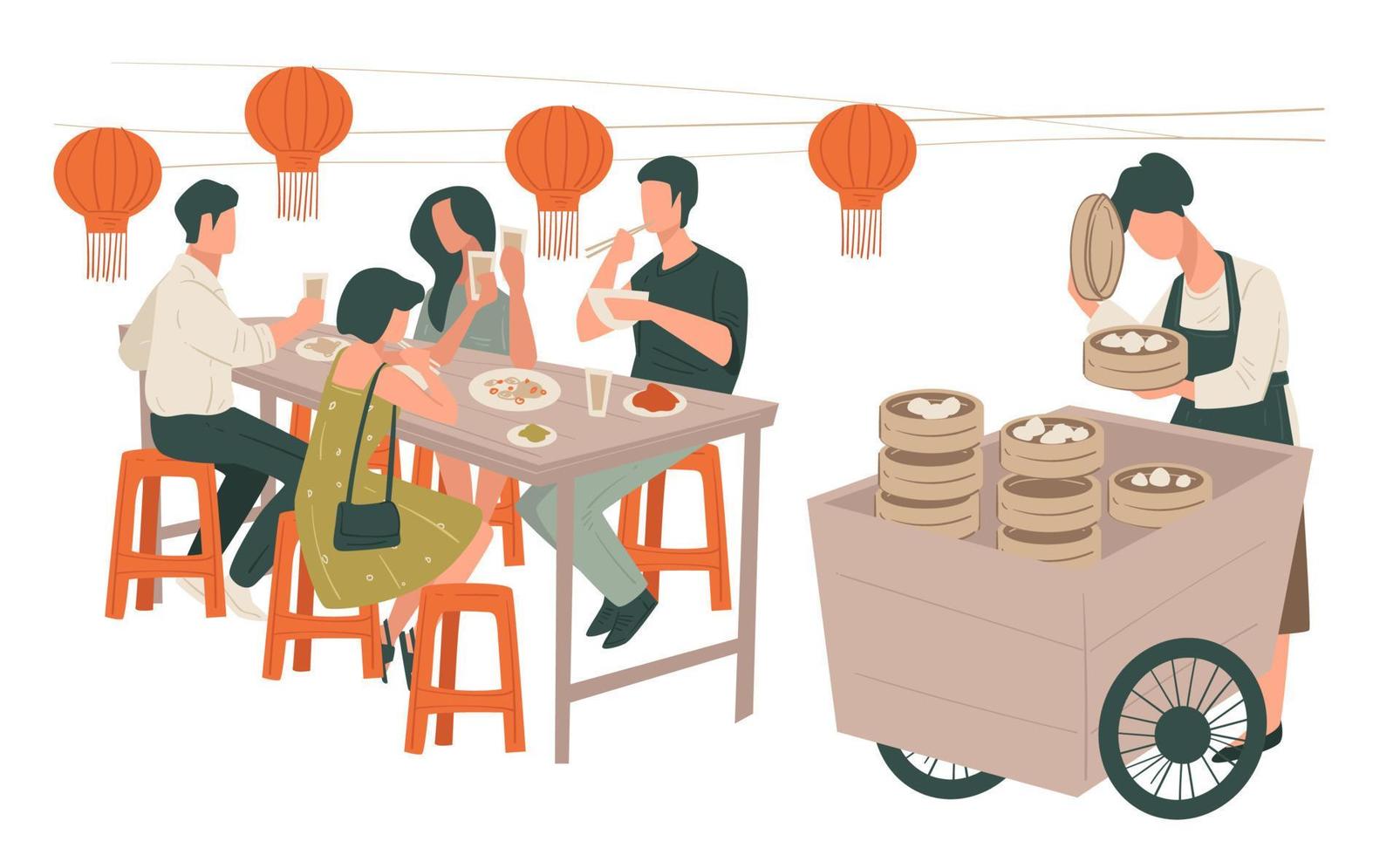 chinesisches Restaurant-Interieur, Leute, die asiatischen Lebensmittelvektor essen vektor