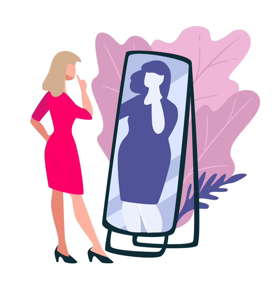 smal kvinna ser på spegel seende fett lady vektor
