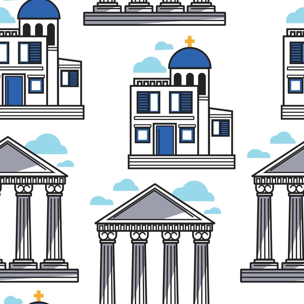 griechische säulen und kirche griechenland architektur nahtloses muster vektor