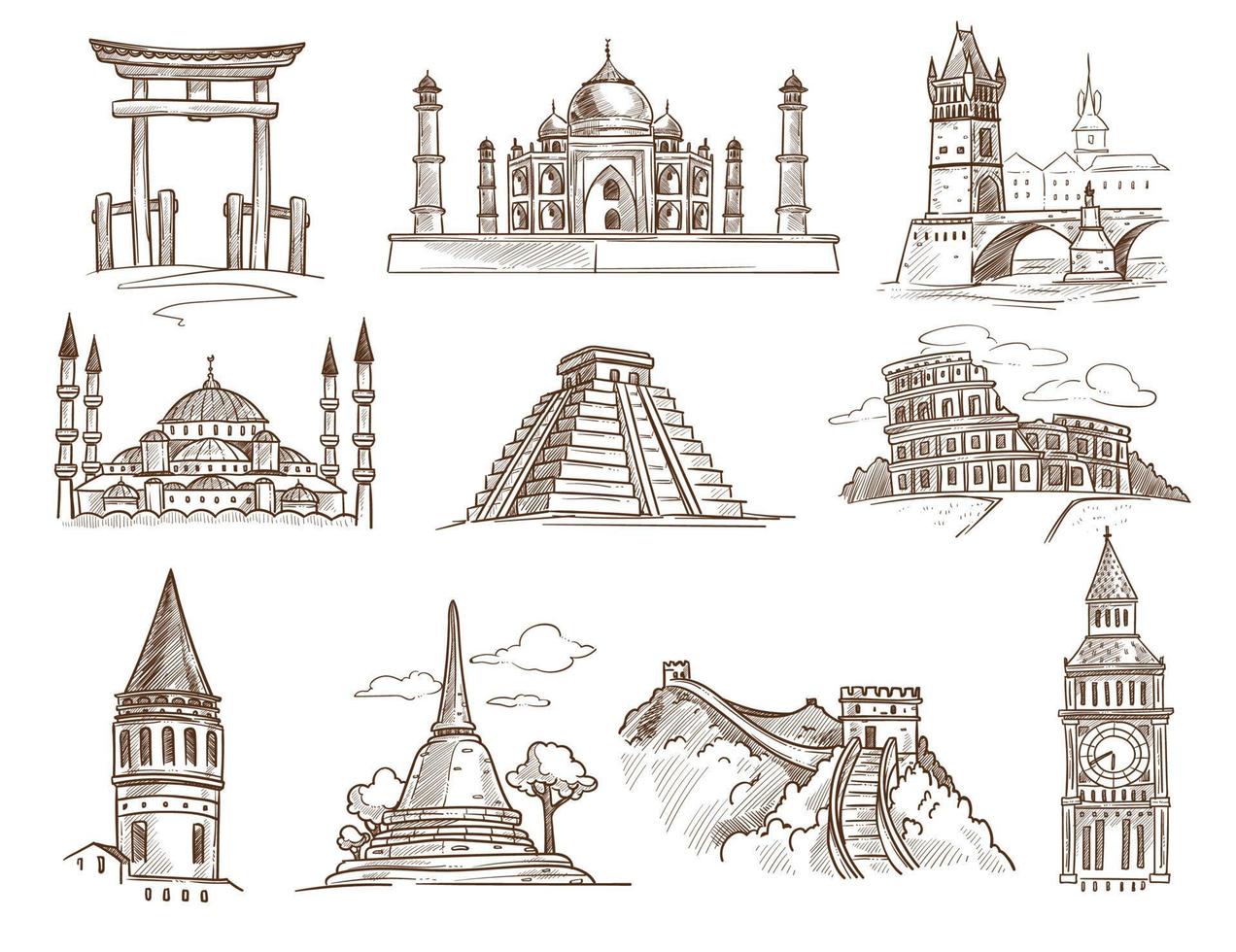 Wahrzeichen der Welt berühmte Gebäude und Architektur isolierte Skizzen vektor
