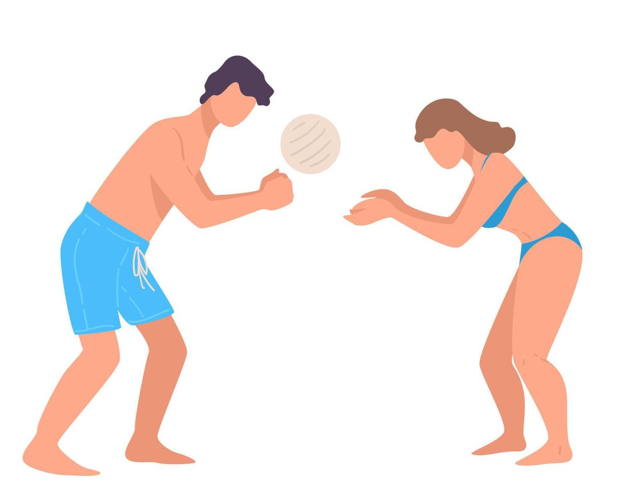 man och kvinna spelar strand volleyboll på semester vektor