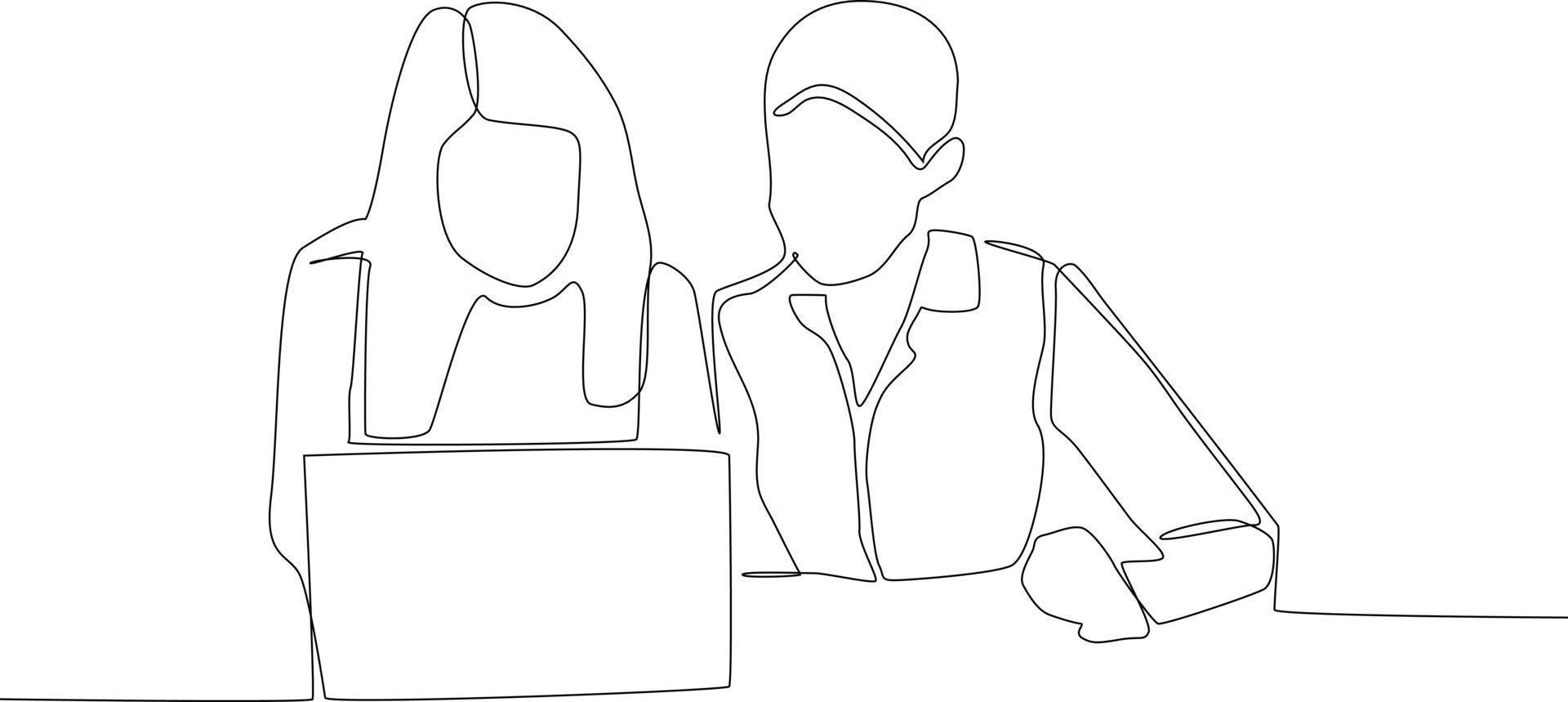 kontinuierliche einzeilige zeichnung geschäftsfrau sitzt und berät sich mit jungem professionellem mann im büro. Unternehmensberatungskonzept. einzeiliges zeichnen design vektorgrafik illustration. vektor