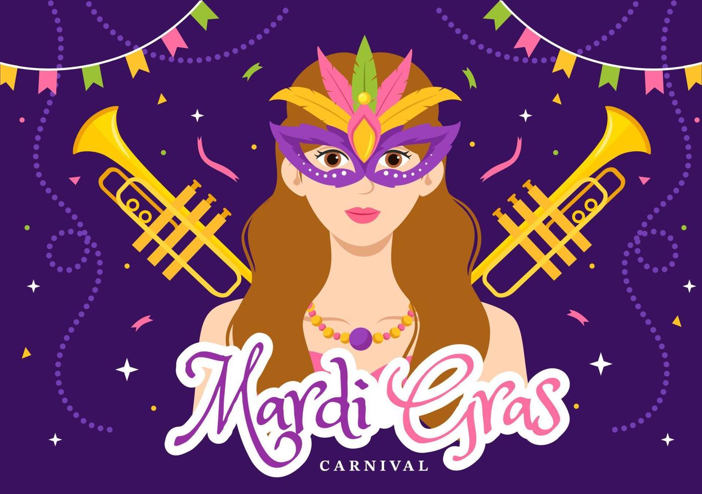mardi gras karneval fest illustration med mask, fjädrar och Artikel festival för webb baner eller landning sida i platt tecknad serie hand dragen mallar vektor