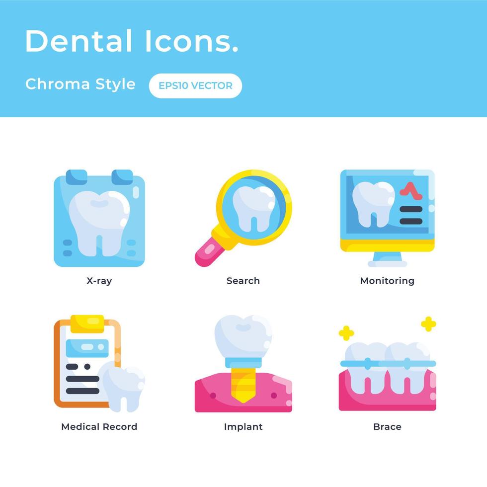 dental vård ikoner uppsättning med platt Färg stil med röntgen, Sök, övervakning, medicinsk spela in, tand implantera, dental spänna vektor
