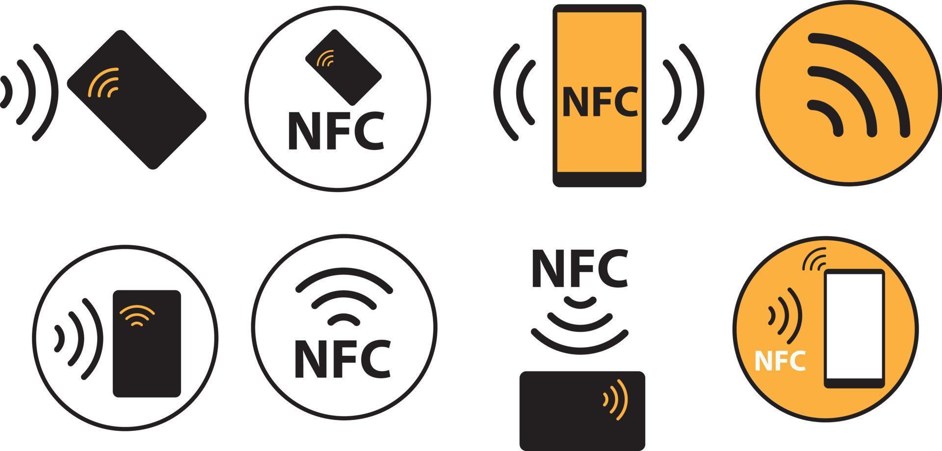 nfc ikon uppsättning. kontaktlös trådlös betala tecken logotyp. nfc teknologi Kontakt mindre kreditera kort. kontaktlös betalning logotyp. nfc betalningar ikon för appar. vektor
