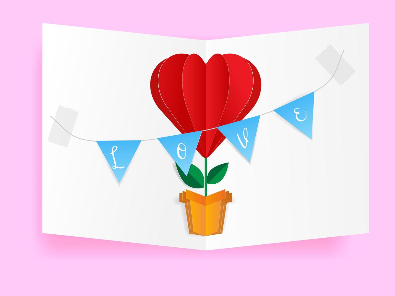 hjärtformad blomma för alla hjärtans gratulationskort, pappershantverk vektor