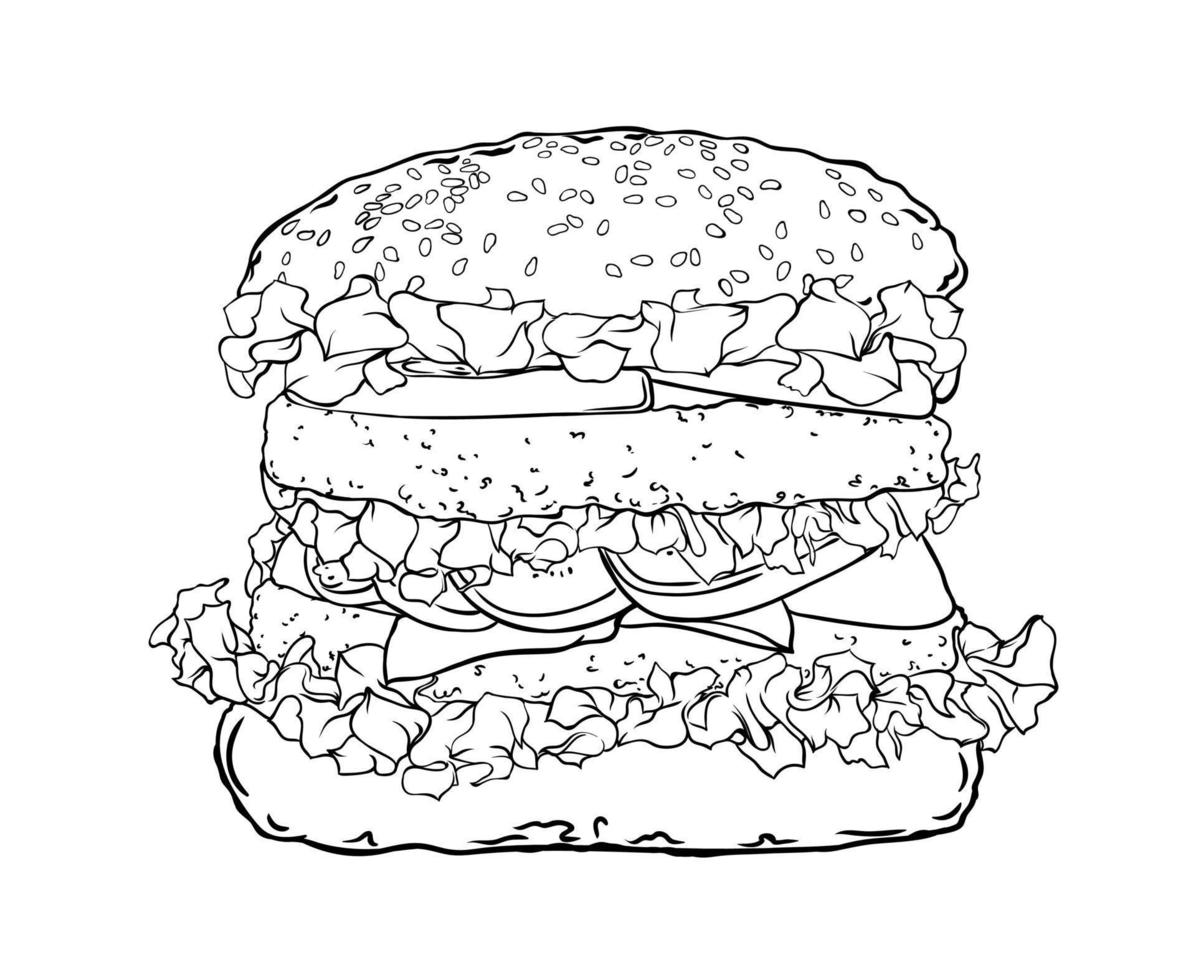 doppeltes Burger-Umrissvektorbild isoliert auf weißem Hintergrund. Lebensmittel-Vektor-Illustration vektor