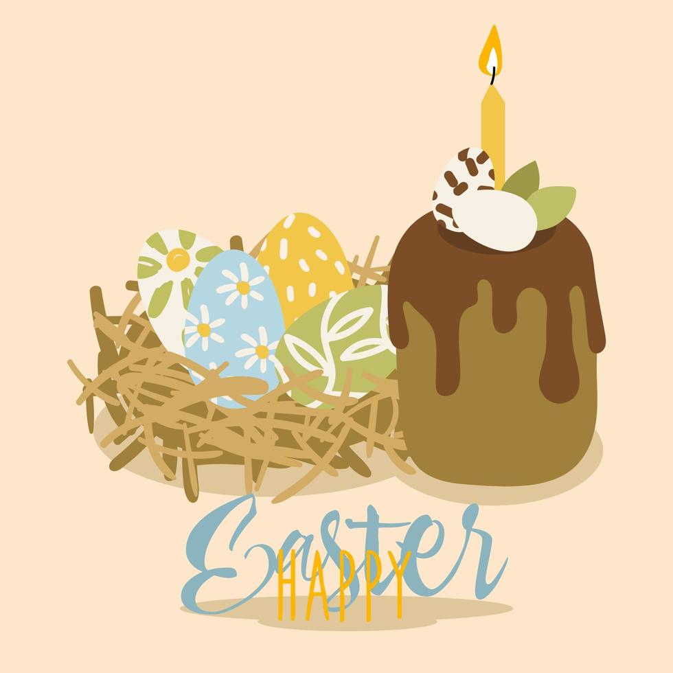 osterbanner, eine postkarte mit einem bild eines osterbrötchens, eier, blumen, kerzen. gestaltungselemente für postkarten, flyer, banner, flyer. zarte Farbtöne, süße Illustration. Vektor-Illustration vektor