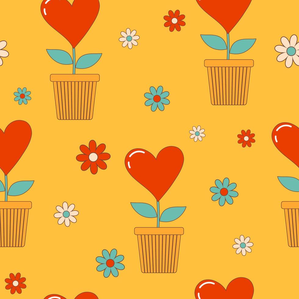 nahtlose Muster mit groovigen Vintage-Blumen und Herzen in einem Blumentopf. Retro-Hintergrund. vektor