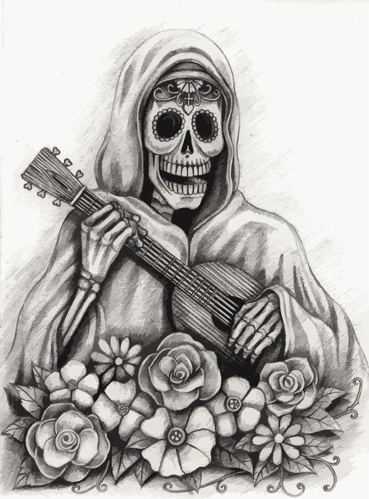 kunst ausgefallener totenkopf, der gitarre spielt tag der toten. handzeichnung und grafikvektor machen. vektor