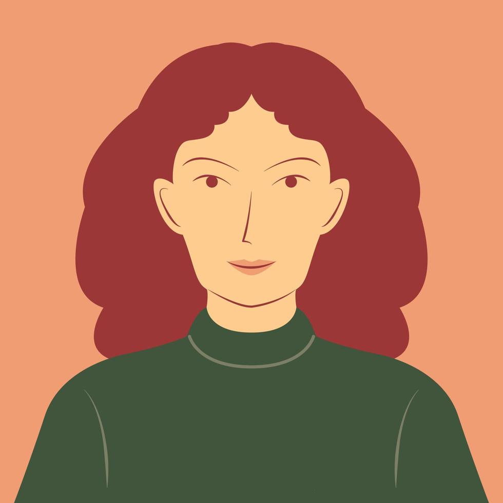 porträtt av en skön kvinna med buskig hår i platt tecknad serie illustration. ung kvinna ansikte avatar vektor