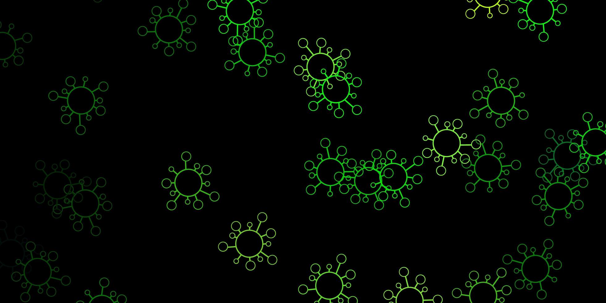 mörkgrön, gul vektorbakgrund med covid-19 symboler. vektor