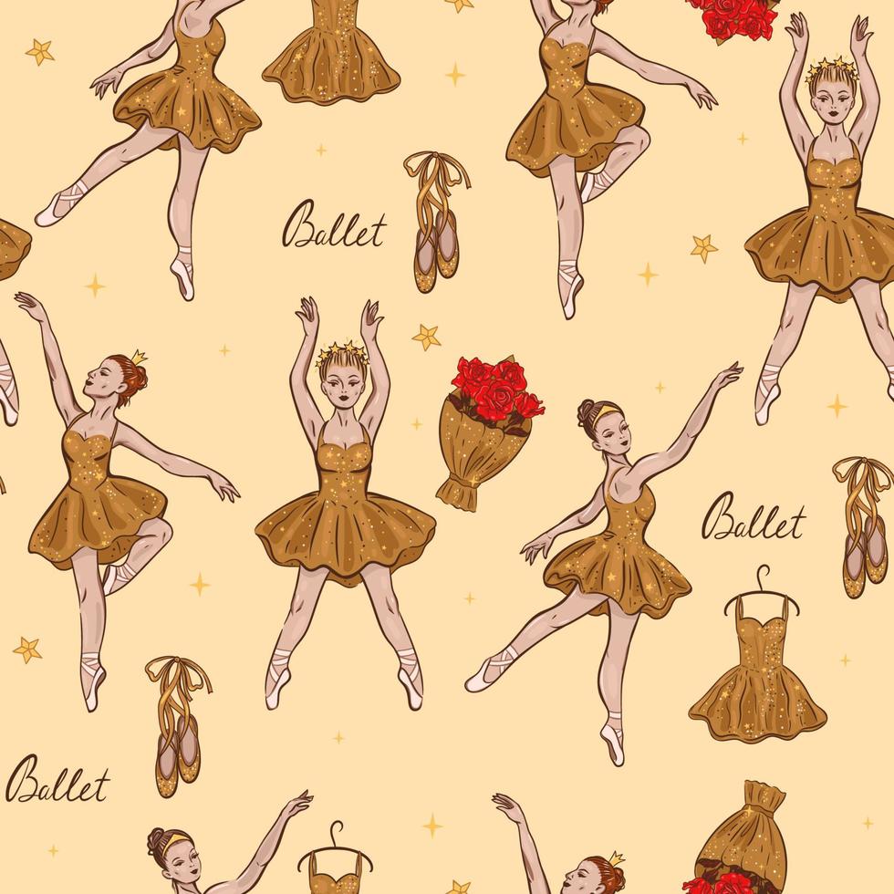 Nahtloses Muster mit Ballerinas in goldenen Kleidern. Vektorgrafiken. vektor