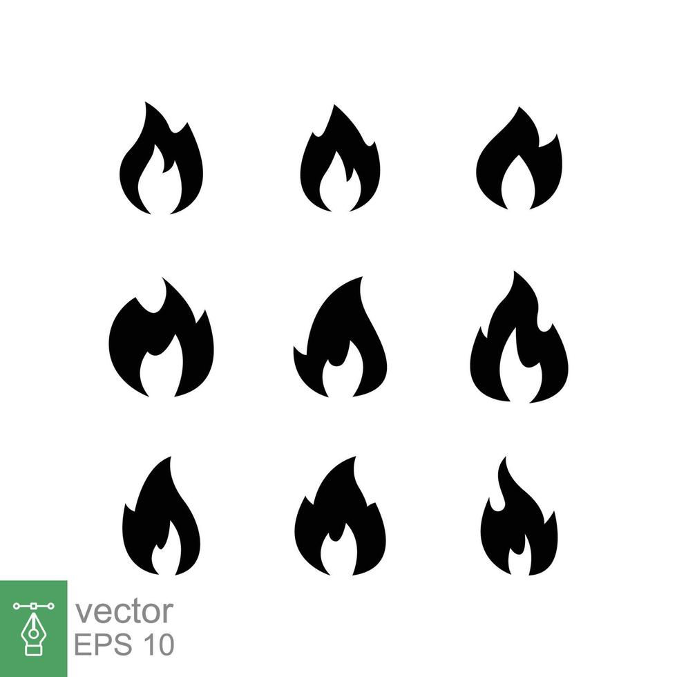 brand flamma ikon uppsättning. enkel platt stil. passionen symbol, brandfarlig logotyp, grill, värme, varm, bränna varning begrepp, silhuett tecken. vektor illustration samling isolerat på vit bakgrund. eps 10.