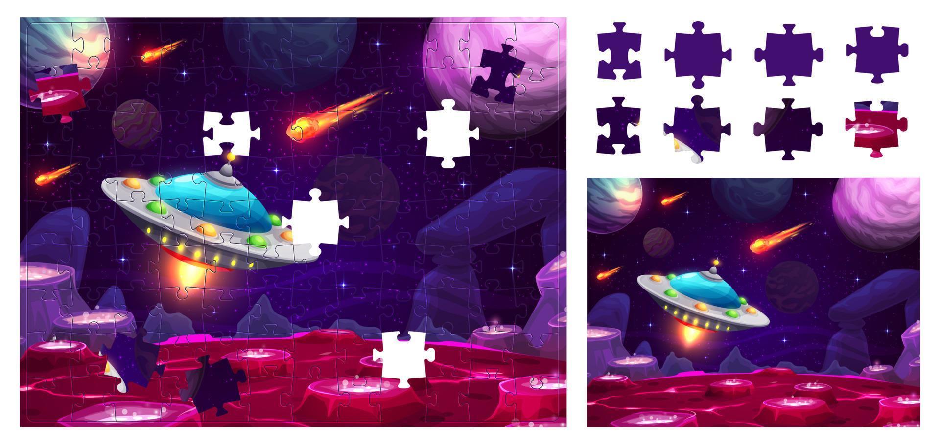 Weltraumlandschaft und UFO, Puzzle-Spielteile vektor