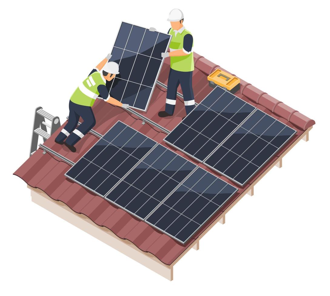 solarzelle haus installieren vektor techniker arbeiter service team auf dem dach eines hauses installieren sonnenkollektoren solarenergie für geld sparen isometrische isolierte illustration