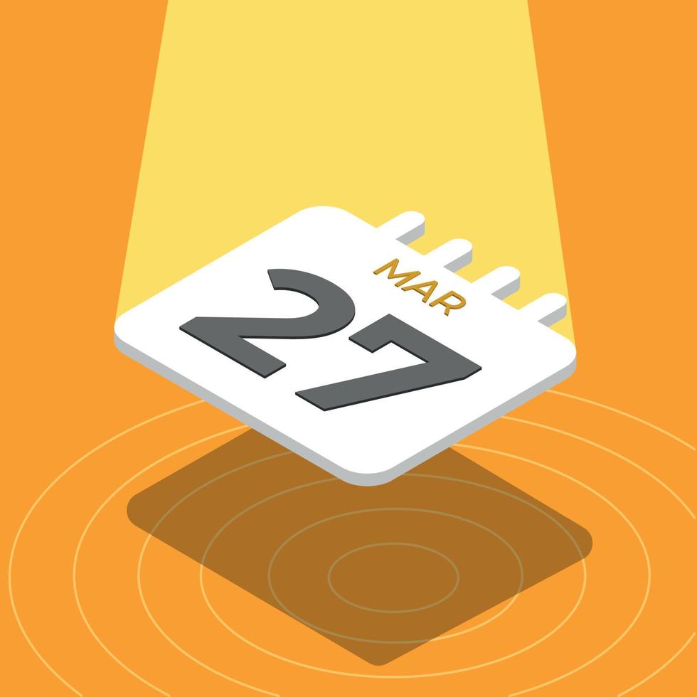 27. märz - 3d-kalender, der mit scheinwerfer auf gelbem hintergrund schwimmt vektor
