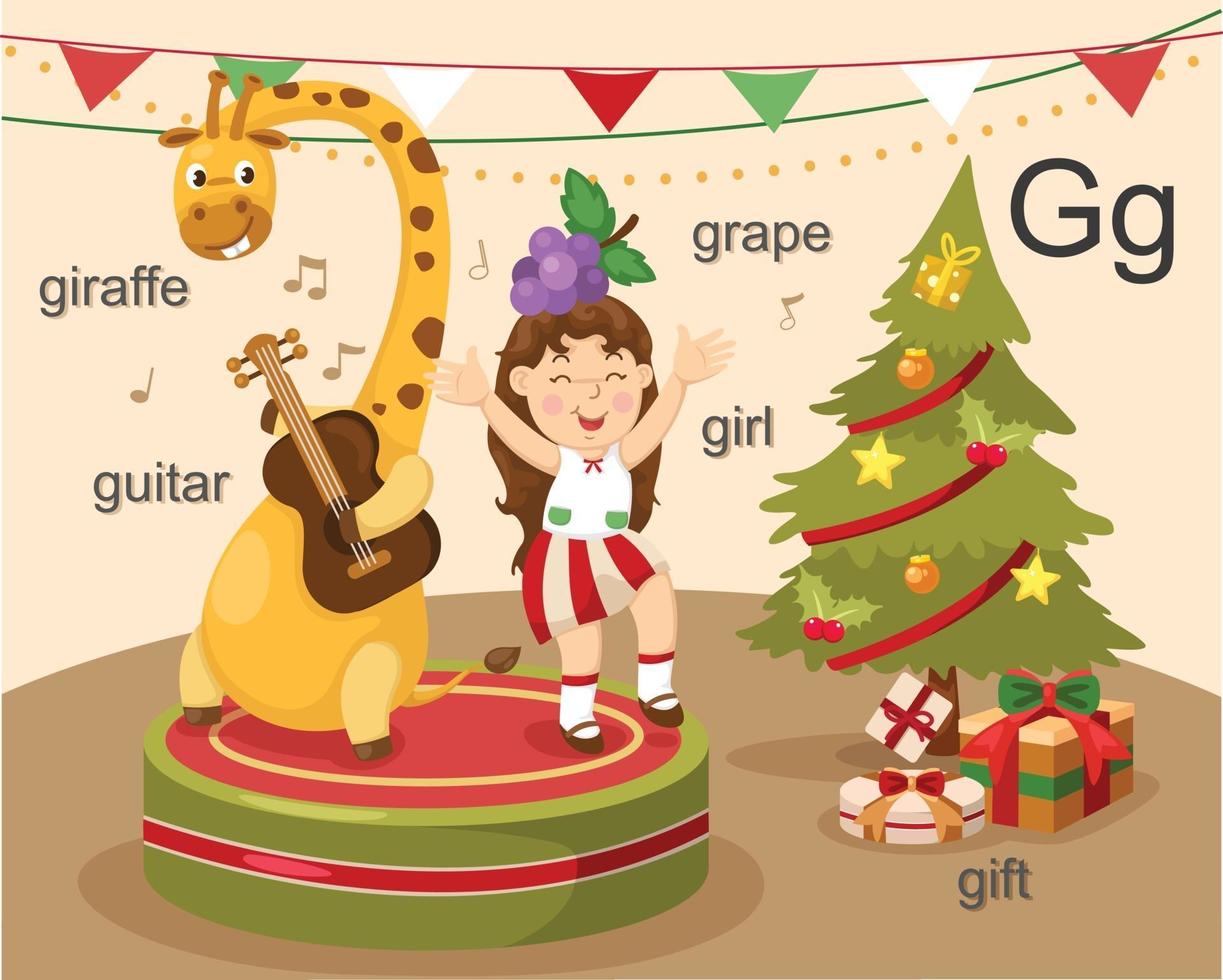 alfabetet g bokstaven giraff, gitarr, flicka, druva, gåva. vektor