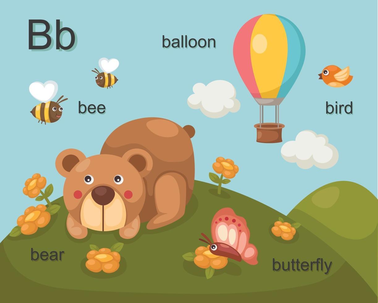 alfabetet b bokstaven bi, björn, ballong, fågel, fjäril vektor